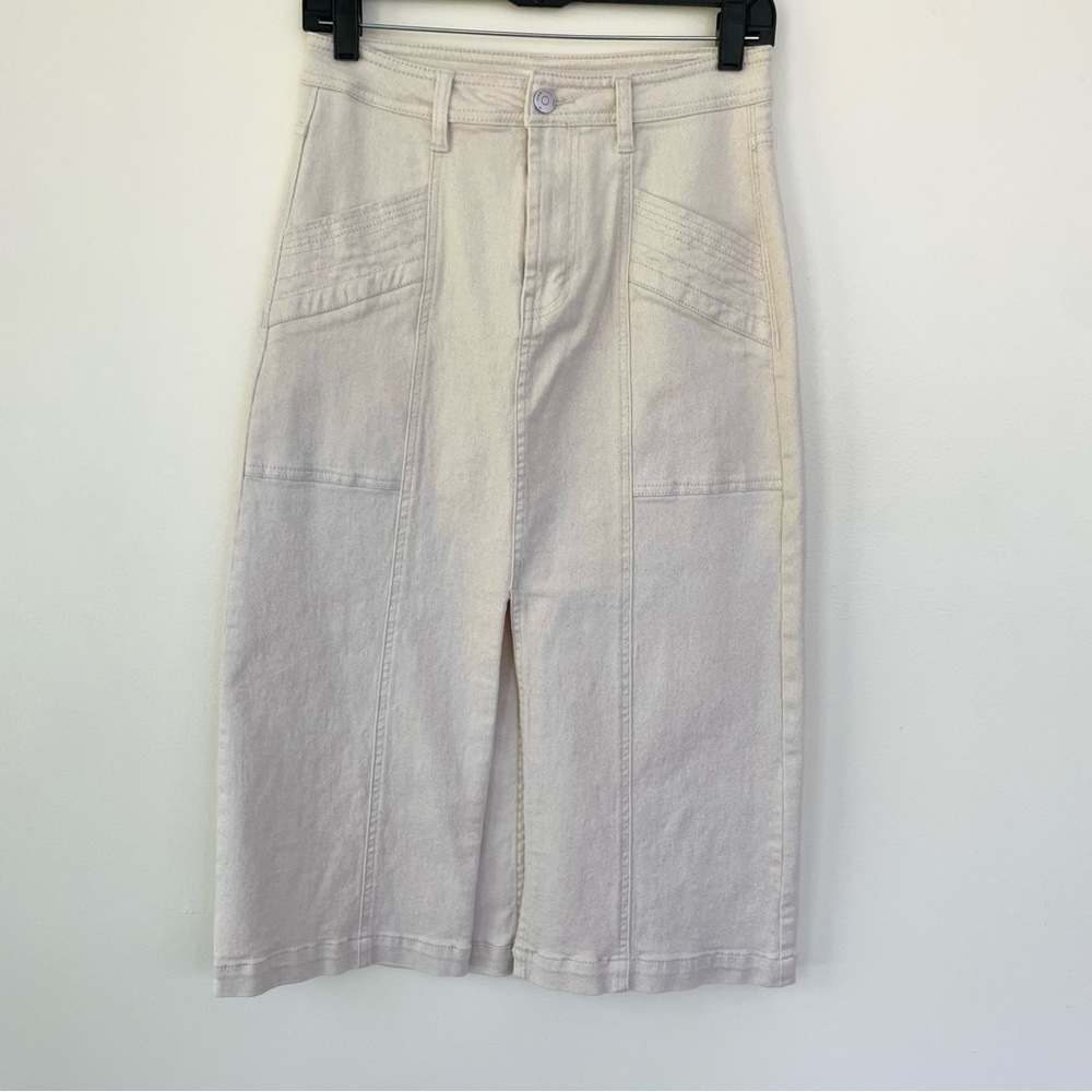 Habitual Center Slit Denim Midi Skirt Metallic Cream Ivory size 0/25 - Picture 2 of 12